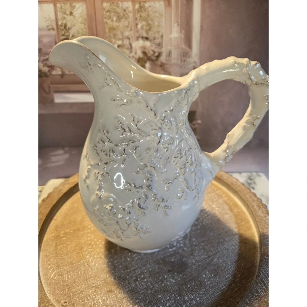 Vintage Italian Style Ceramic Floral‎ Embossed Pitcher Farmhouse Creamer Vase